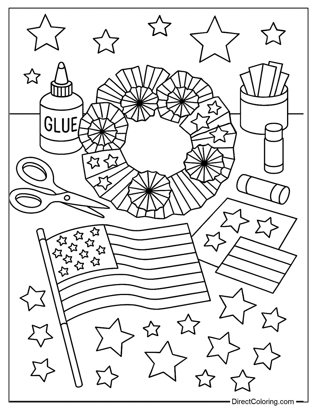 A coloring page of a craft table with a wreath, glue, and star-shaped paper